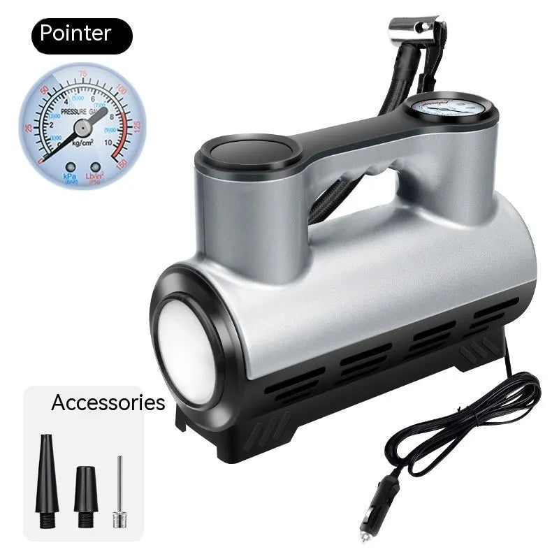 12V portable car tyre inflator with digital or pointer display, LED light and 3 nozzles in ABS casing