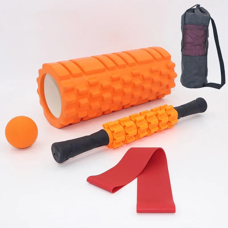 Black fitness foam roller measuring 33cm length with six massage pieces for muscle therapy