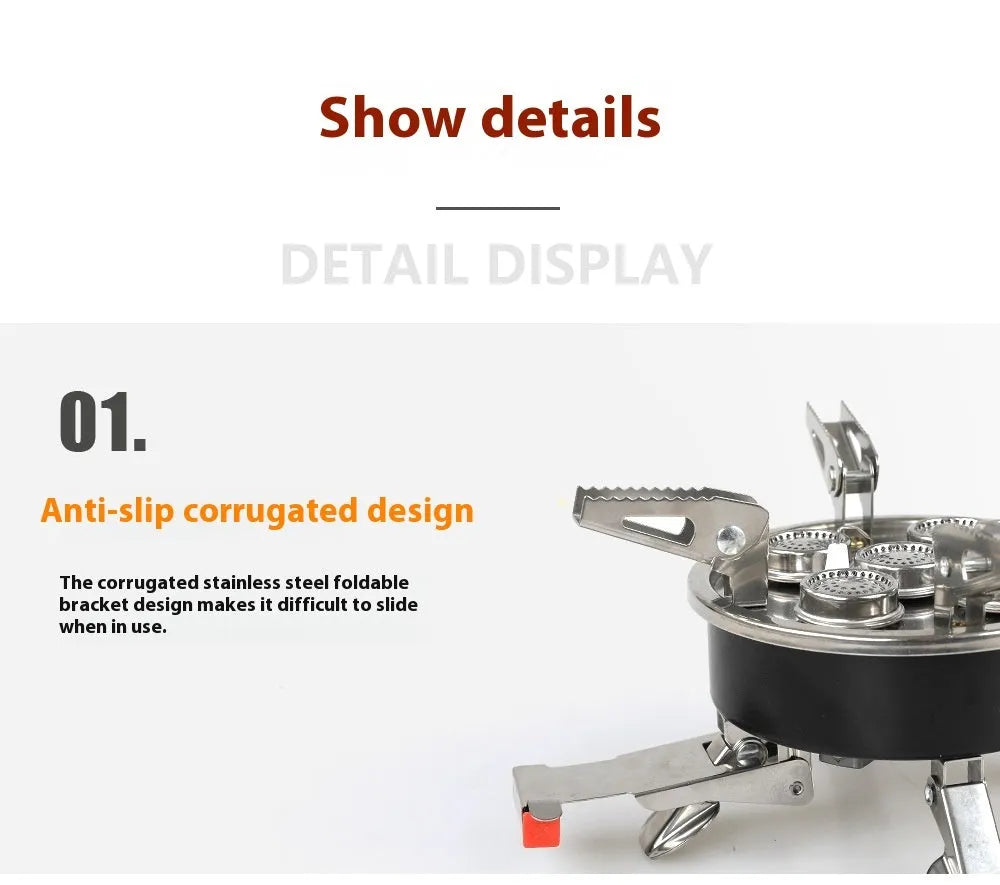 Silver folding stainless steel split camping stove with copper fittings and extended hose