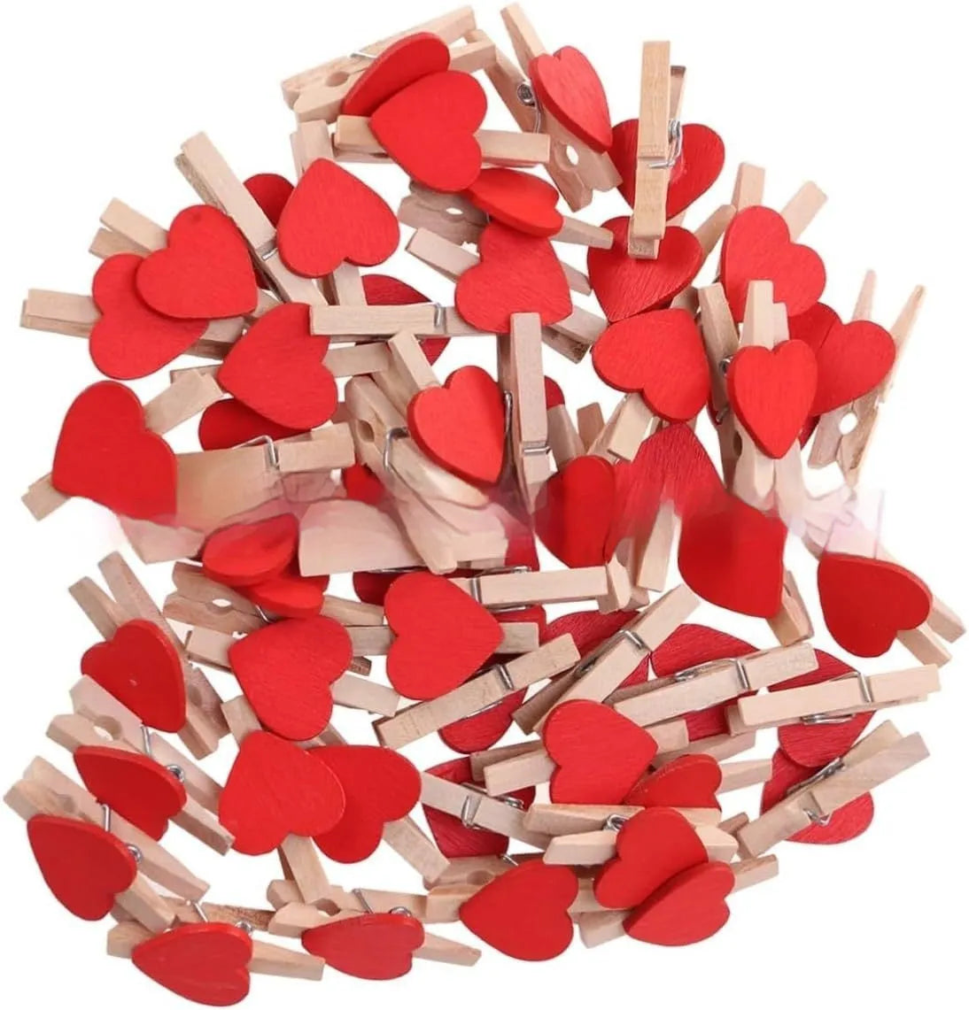 Set of five handmade solid wood heart-shaped clips in red, pink, white, and yellow.