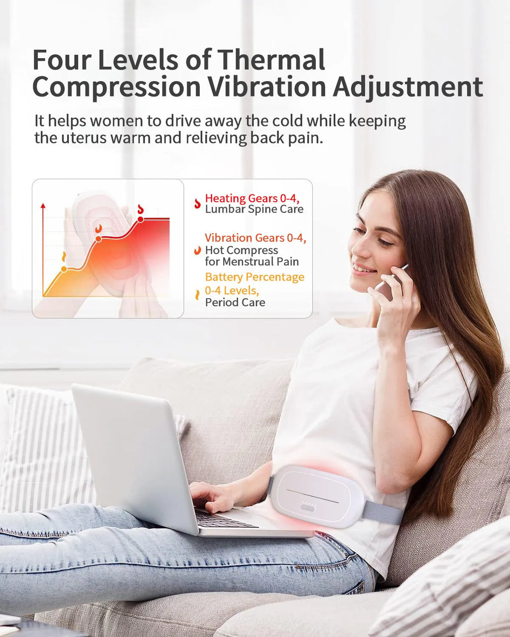 White contoured uterine warming device with USB cable on a neutral background