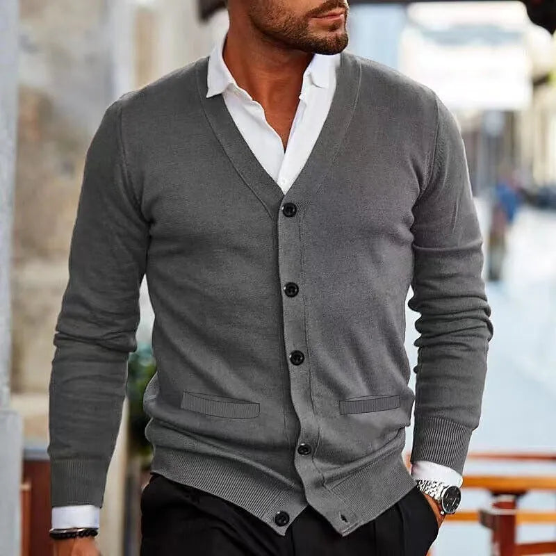 Men's slim fit acrylic cardigan sweater in wine red colour on hanger