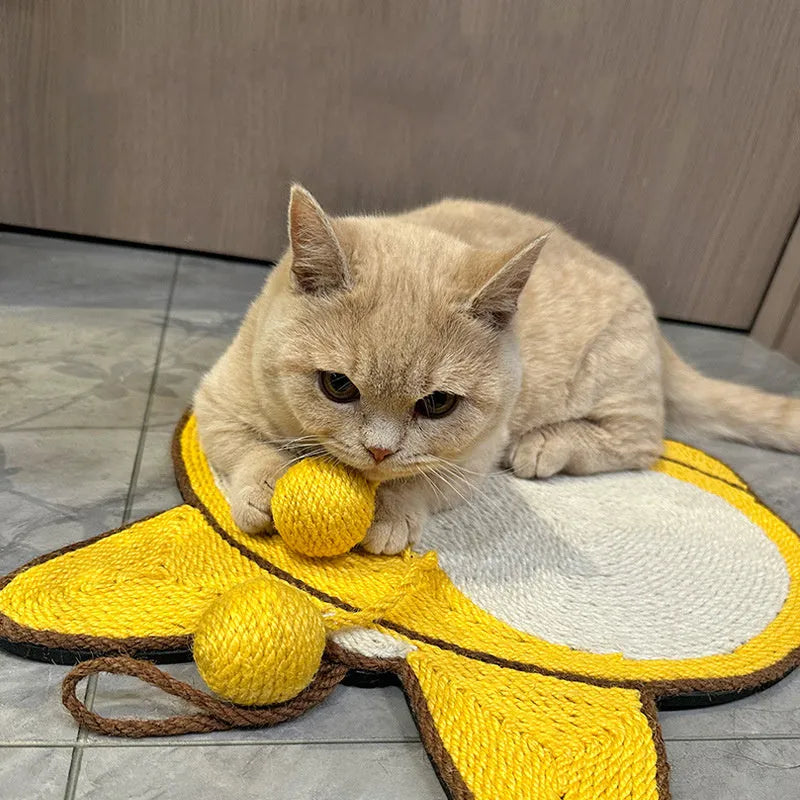 Yellow Corgi-shaped sisal cat scratching pad with anti-slip base and adhesive hooks.