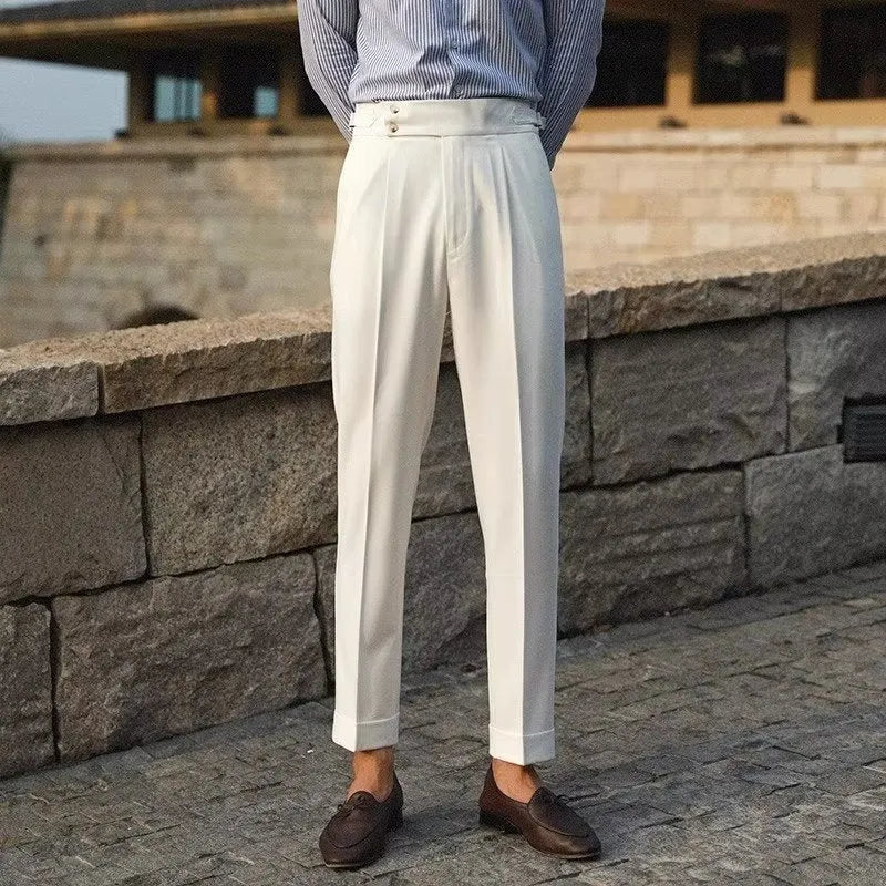 Men's slim fit straight leg formal trousers in black, white, and apricot colours on a size chart background.