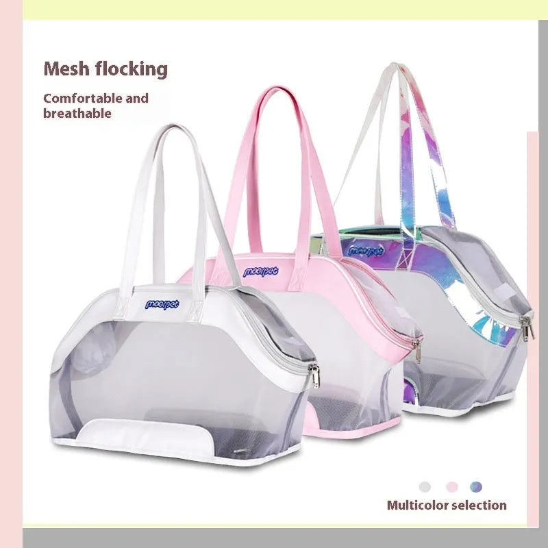 Leather pet carrier bag showing 25-litre capacity and medium hardness construction