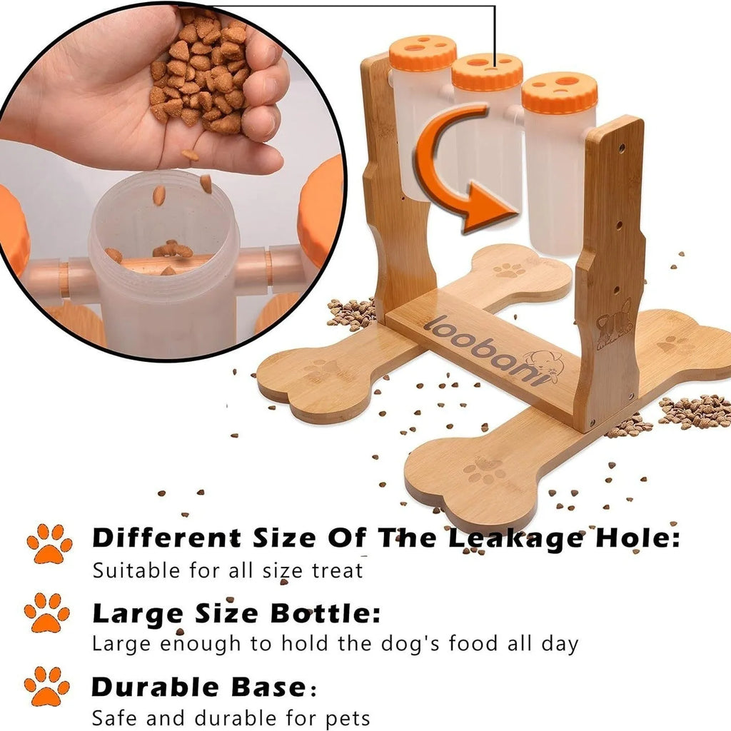 Natural wood colour interactive dog puzzle toy snack dispenser feeder on floor