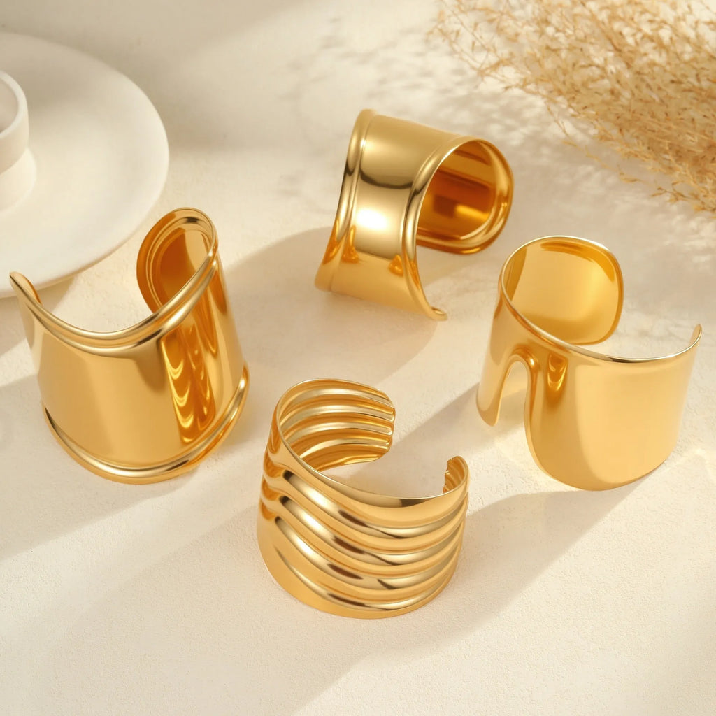 Women's exaggerated wide geometric bracelet stainless steel 18K gold plated wave design