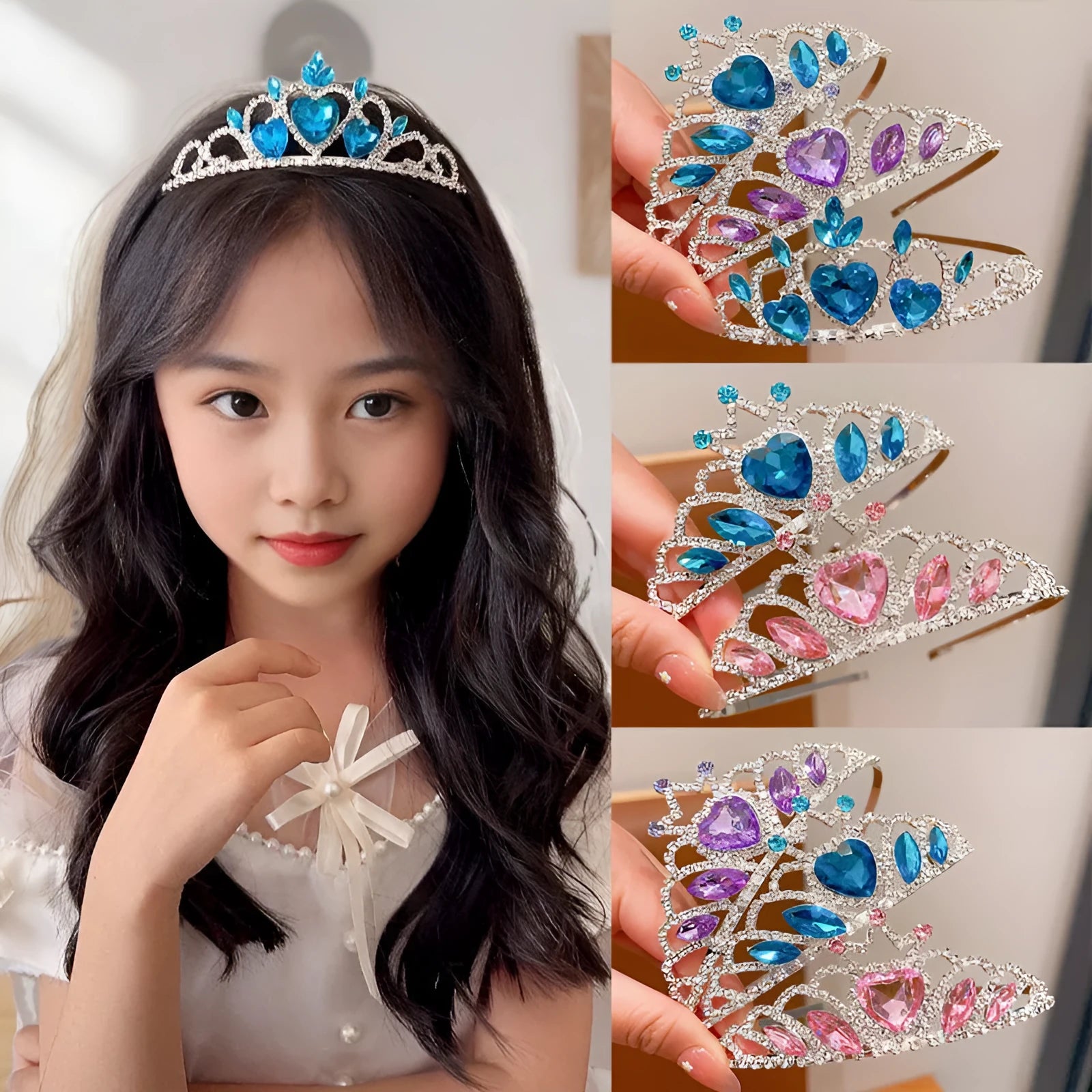 Children's metal headband with crown-shaped crystal design in pink, light blue or light purple colour options
