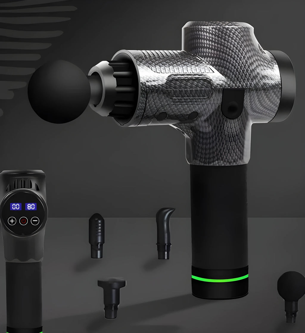 Electric muscle massage gun with seven different coloured attachment heads on a table.