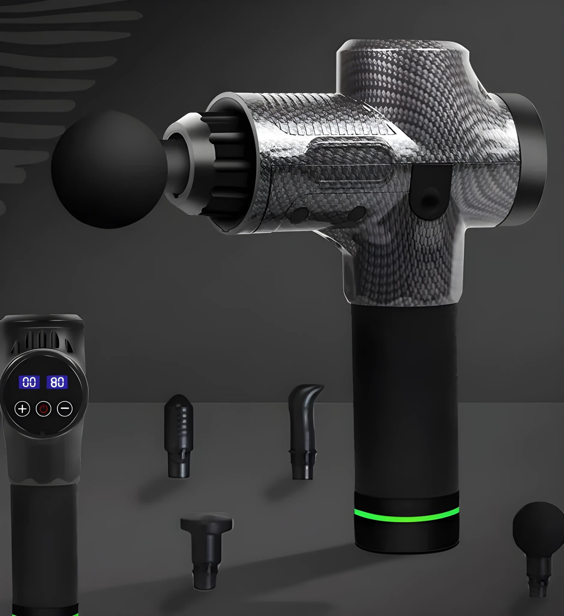 Electric muscle massage gun with seven different coloured attachment heads on a table.