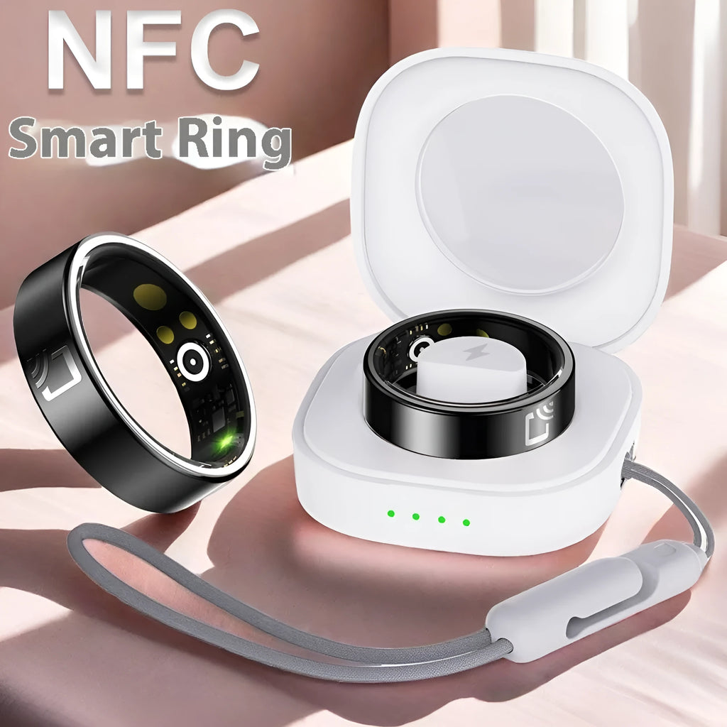 Black ceramic smart ring for heart rate and blood oxygen monitoring on a finger.