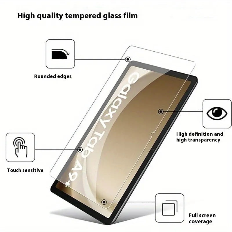 Samsung Galaxy tablet with tempered glass screen protector showing HD clarity and edge-to-edge coverage