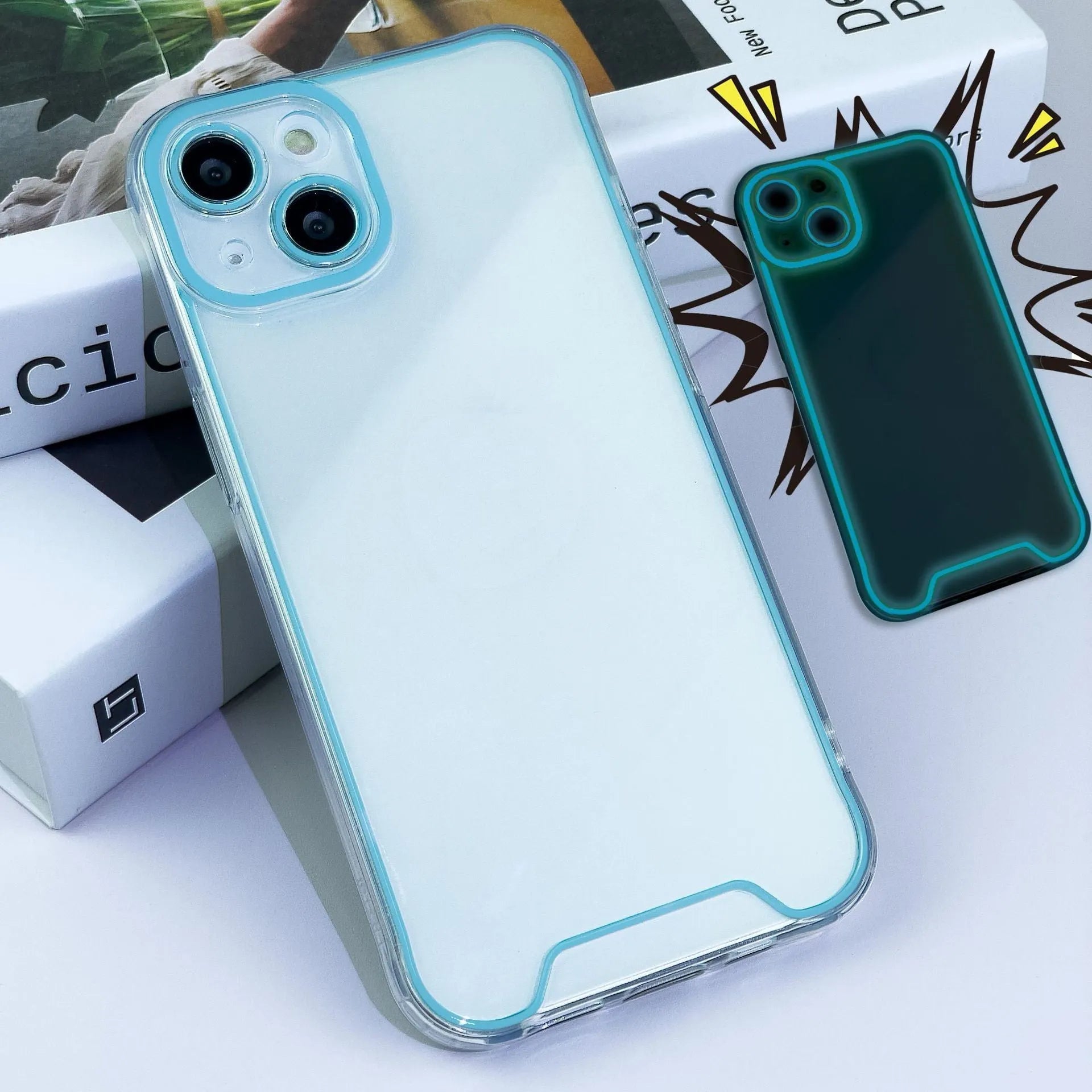 Glow in the dark Christmas phone case for iPhone in green, orange, blue, yellow, and pink colours.