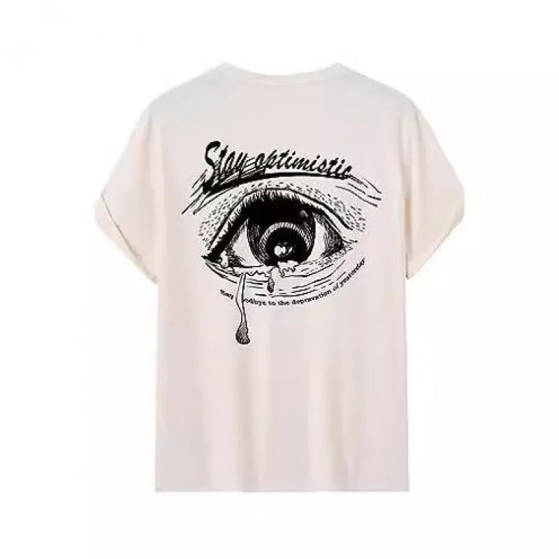 Men's printed short-sleeve street sports t-shirt on a hanger showing one of ten colour designs.