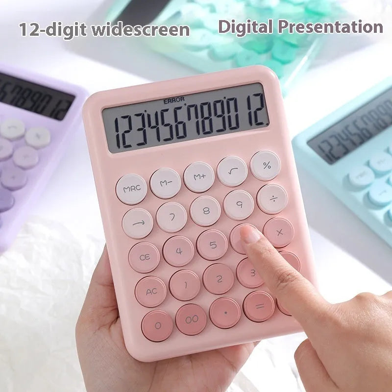 Desk calculator with gradient colour design in violet, pink, blue, or green on a white background.