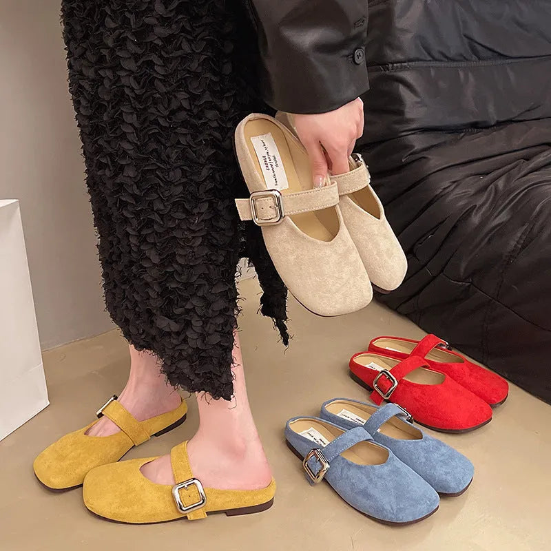 Women's flat closed toe half slippers in apricot colour with square head design and rubber sole