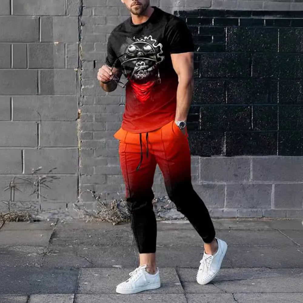 Men's short-sleeved printed pullover and matching trousers casual suit set