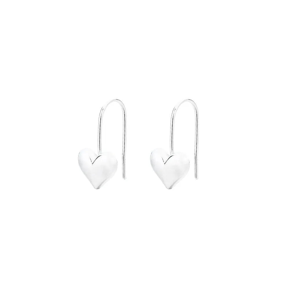 Silver-coloured heart-shaped earrings with 3D glossy design and Korean-style elements
