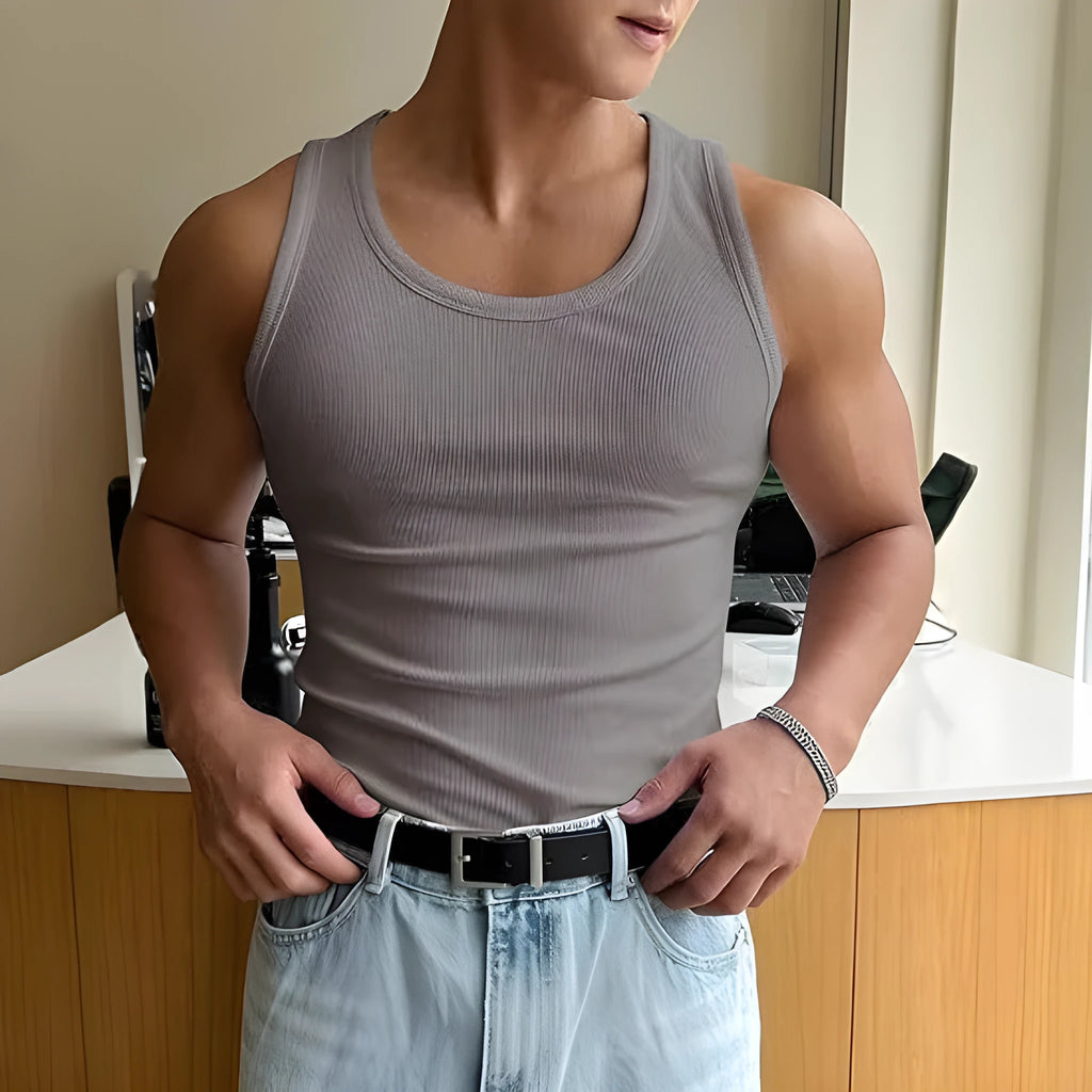Men's tight fit round neck sports t-shirt in black, shown on a model for summer workouts.