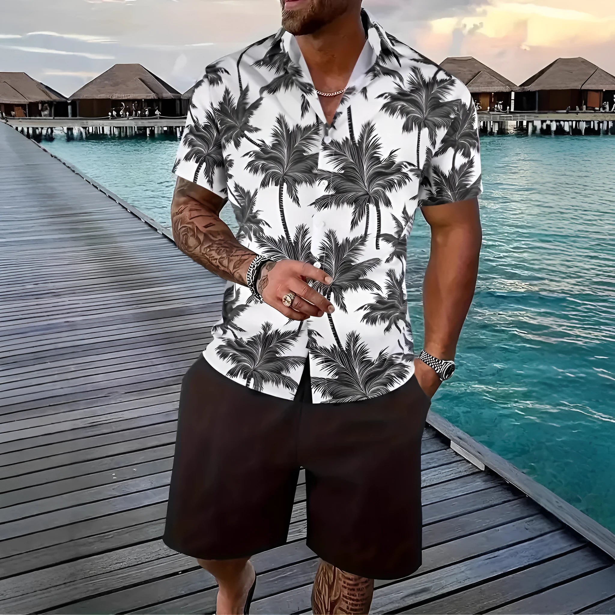 Men's Hawaii themed 3D printed short sleeve suit with matching trousers in polyester fabric