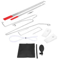 9-piece automotive emergency tool kit with air pump wedge, plastic wedges, and metal crowbars