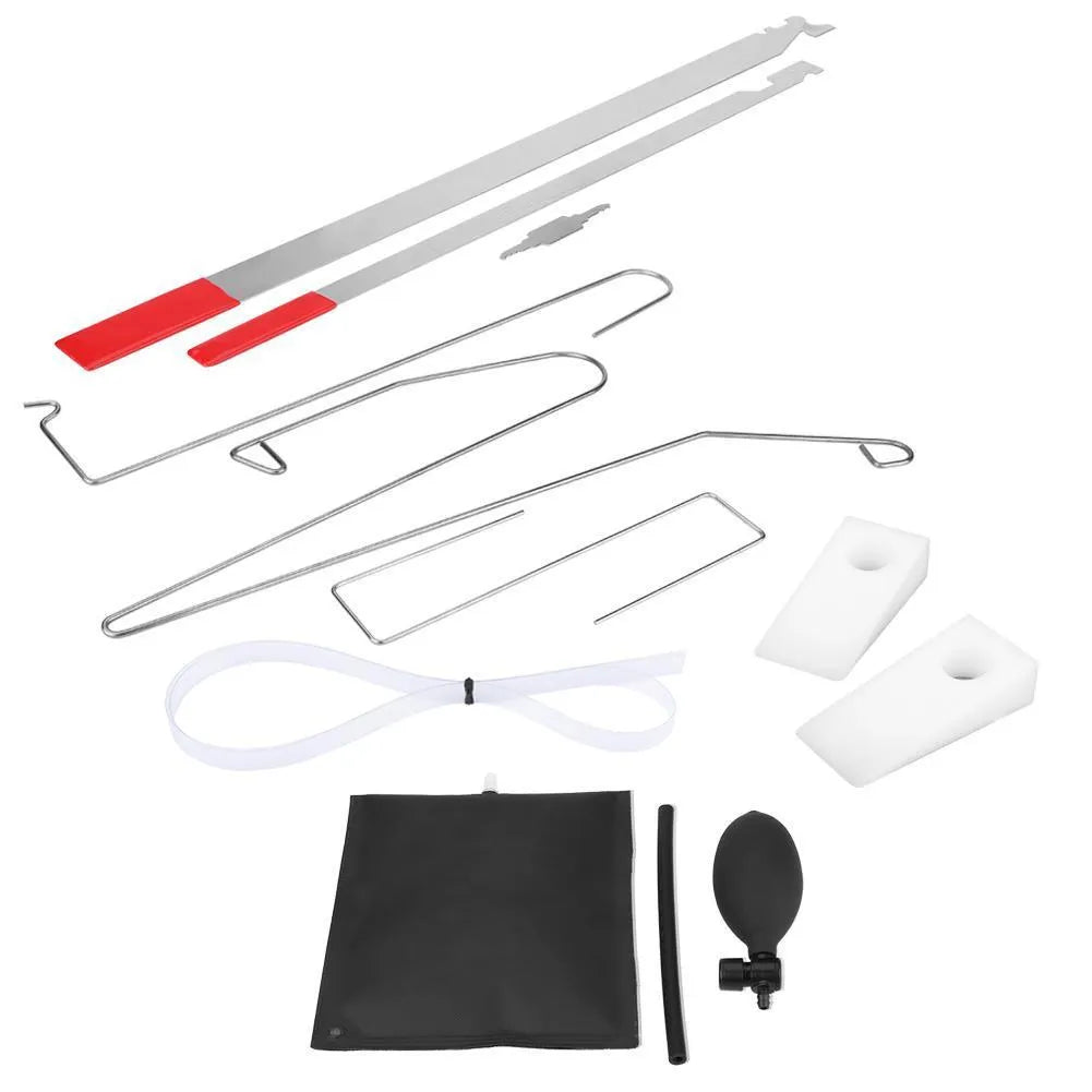 9-piece automotive emergency tool kit with air pump wedge, plastic wedges, and metal crowbars
