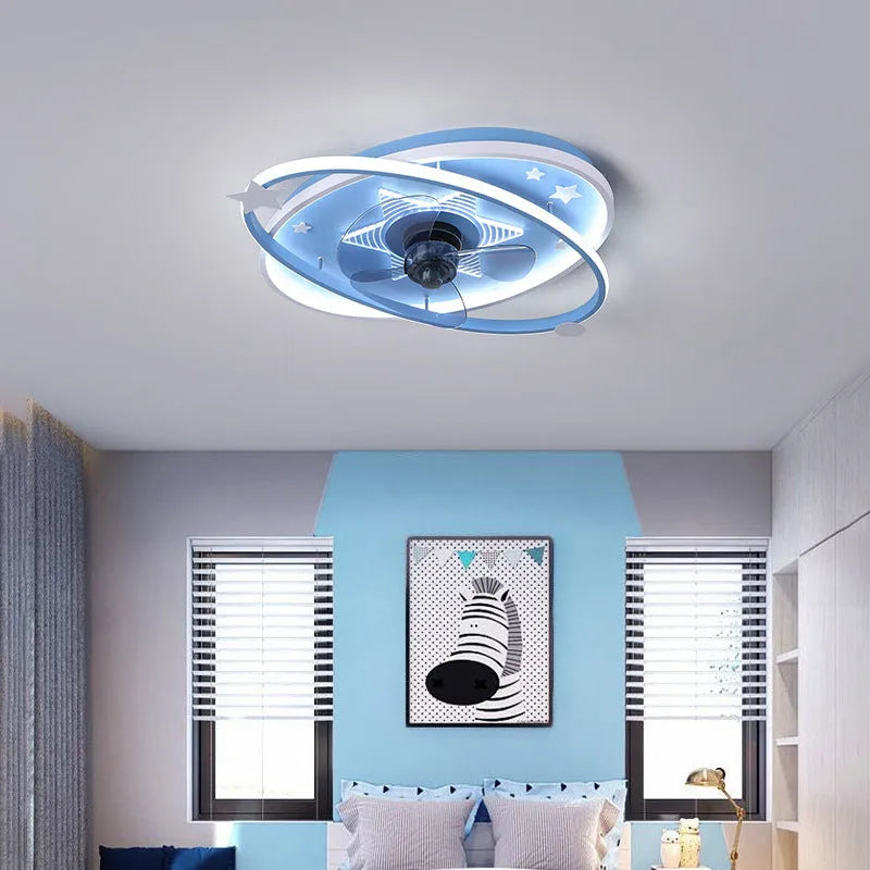 Modern iron chandelier ceiling fan with LED light for children's bedroom in blue colour