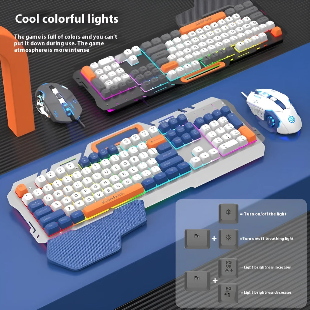 Blue and grey wired gaming keyboard with backlit keys and optional matching mouse