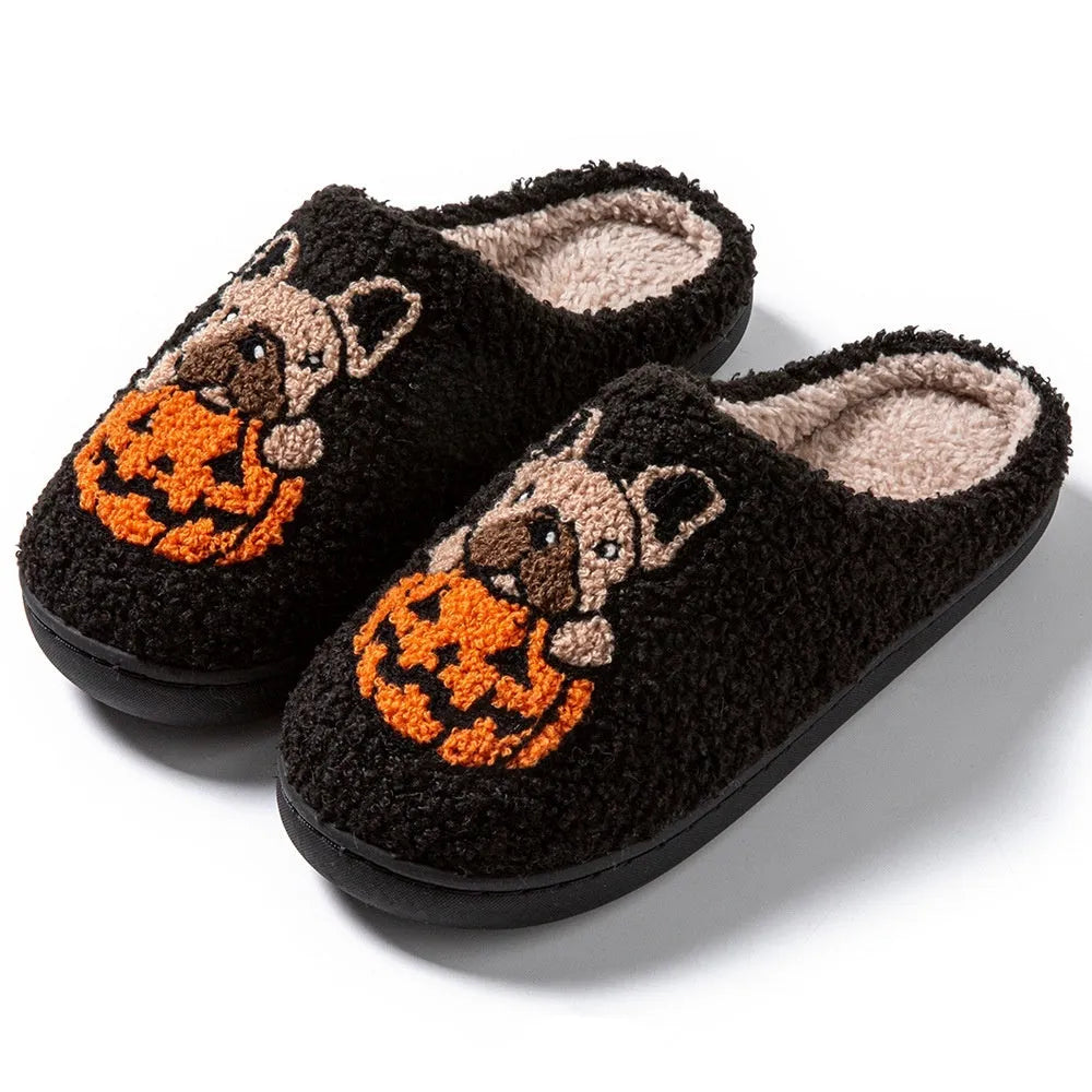 Halloween pumpkin pattern house slippers in plush velvet cotton with non-slip rubber soles