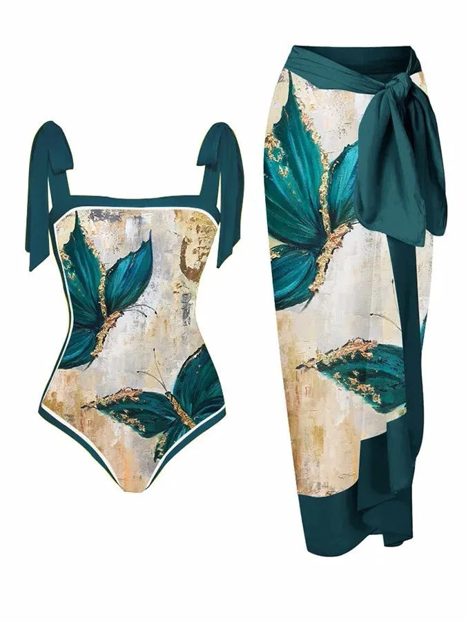 Women's printed chiffon two-piece swimsuit set with matching hip skirt in floral design