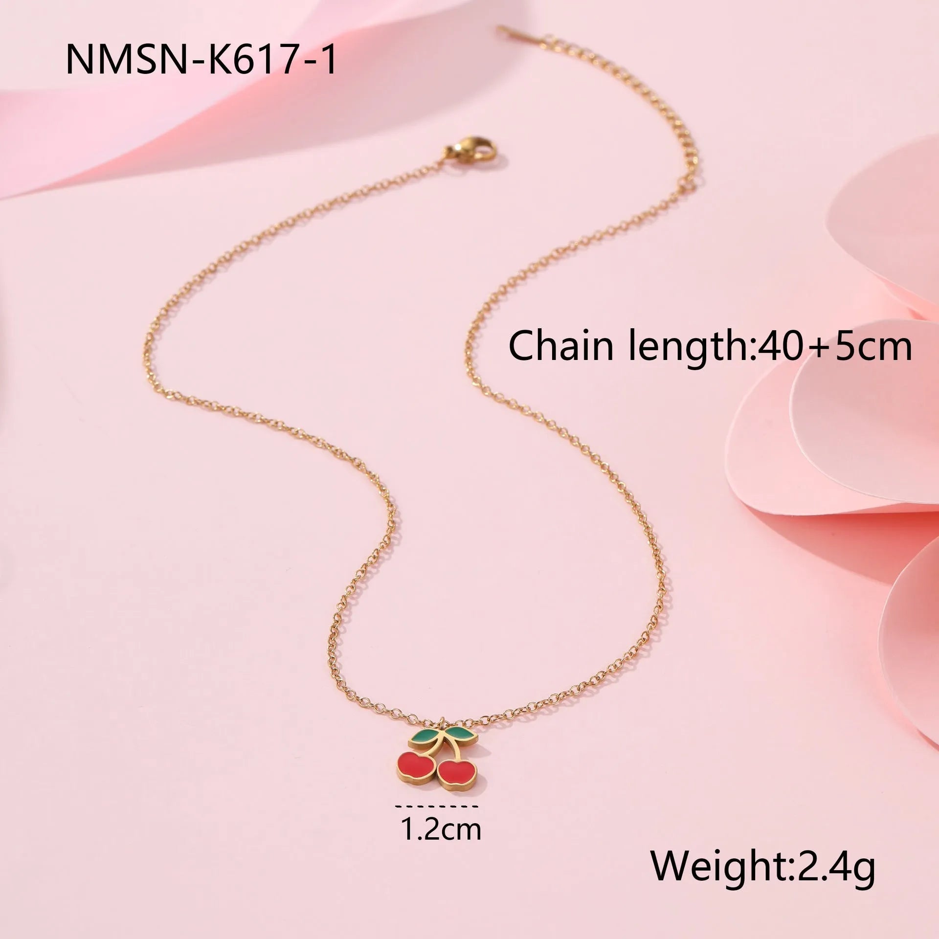 Four-piece cherry jewellery set with necklace, bracelet, earrings and ring in stainless steel with gold-toned finish