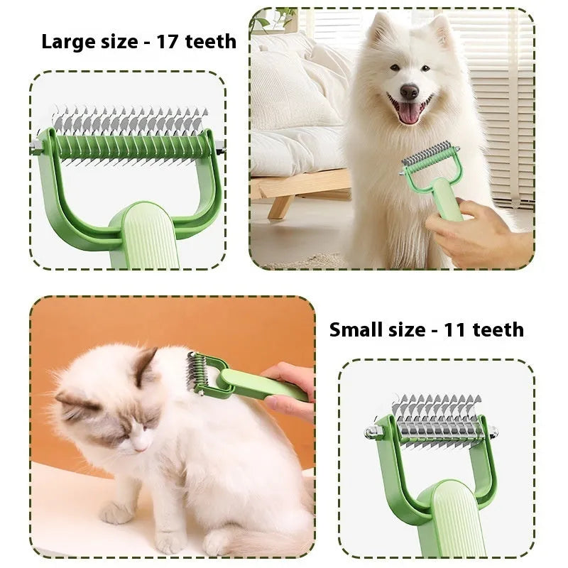 Green dog grooming comb with stainless steel teeth and a curved plastic handle for detangling matted fur.