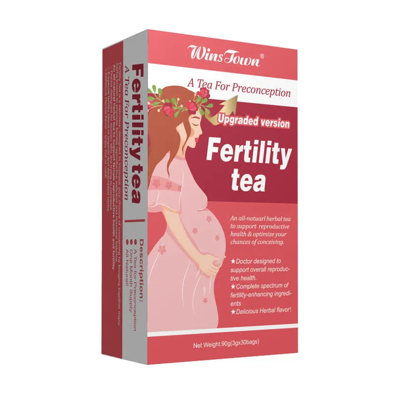 Fertility tea box containing 3 sets of 30 herbal tea bags for women's reproductive wellness support
