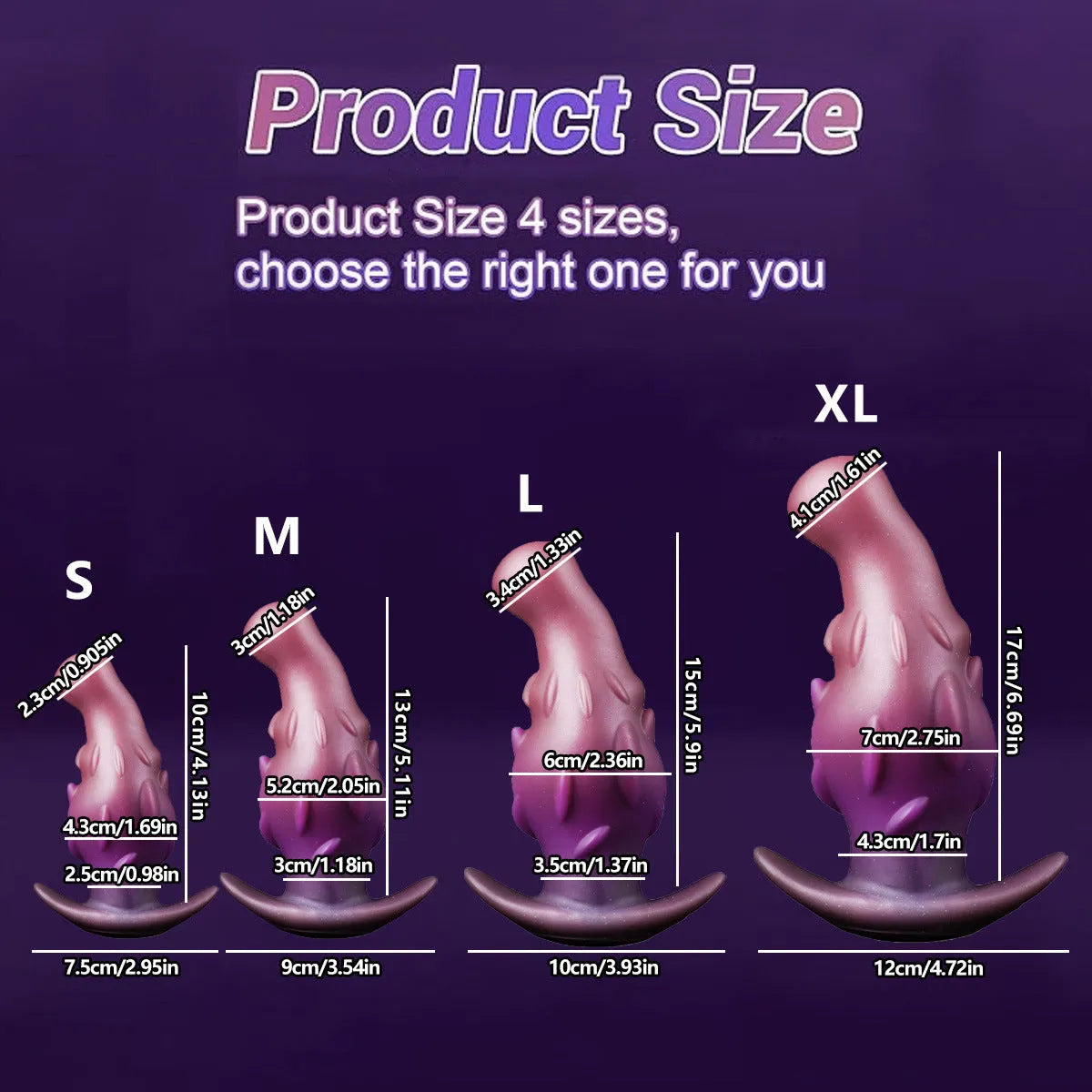Purple, gold, and black liquid silicone adult masturbator toys shown in different sizes.