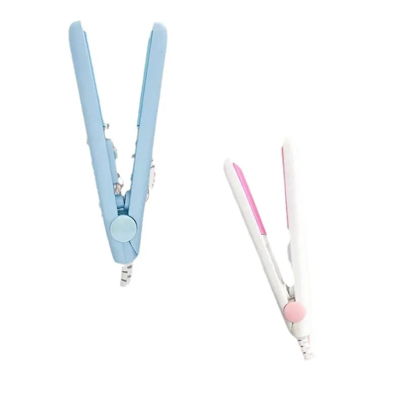Mini hairdressing splint hair straightener with storage box in blue, pink, purple, white, or yellow colour.