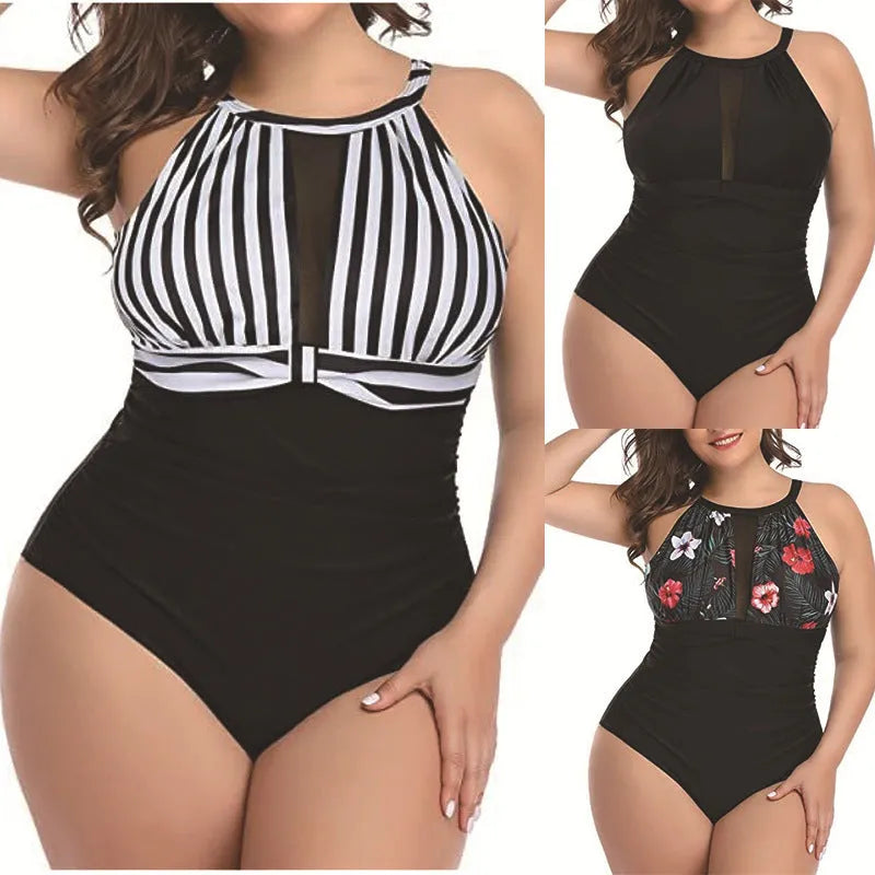 Women's black, striped, and red floral lace one-piece swimsuits on a hanger