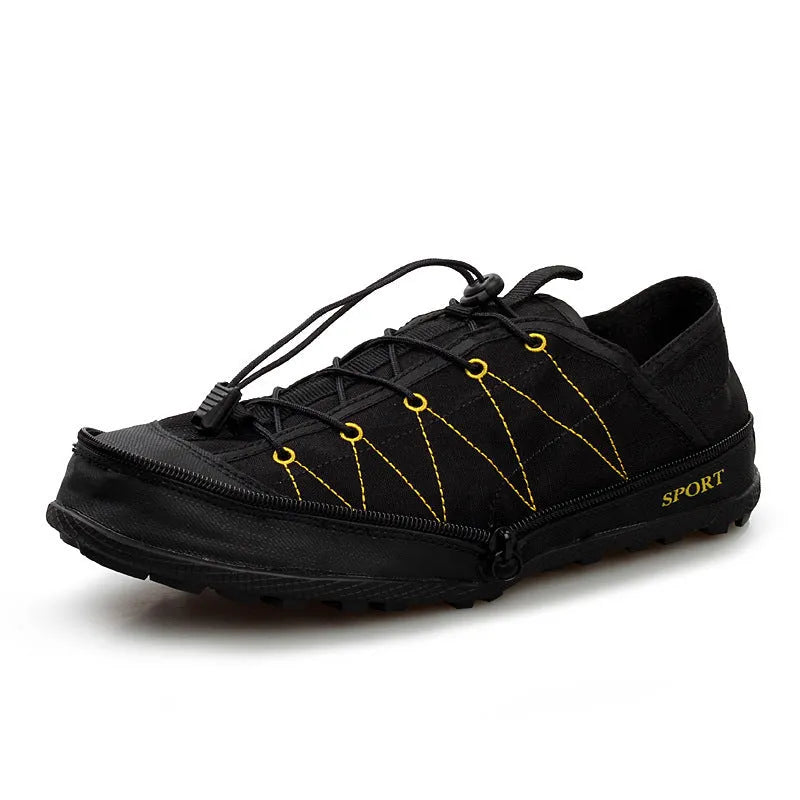 Folding outdoor hiking shoes with mesh upper and side zipper in orange, black and grey colour options