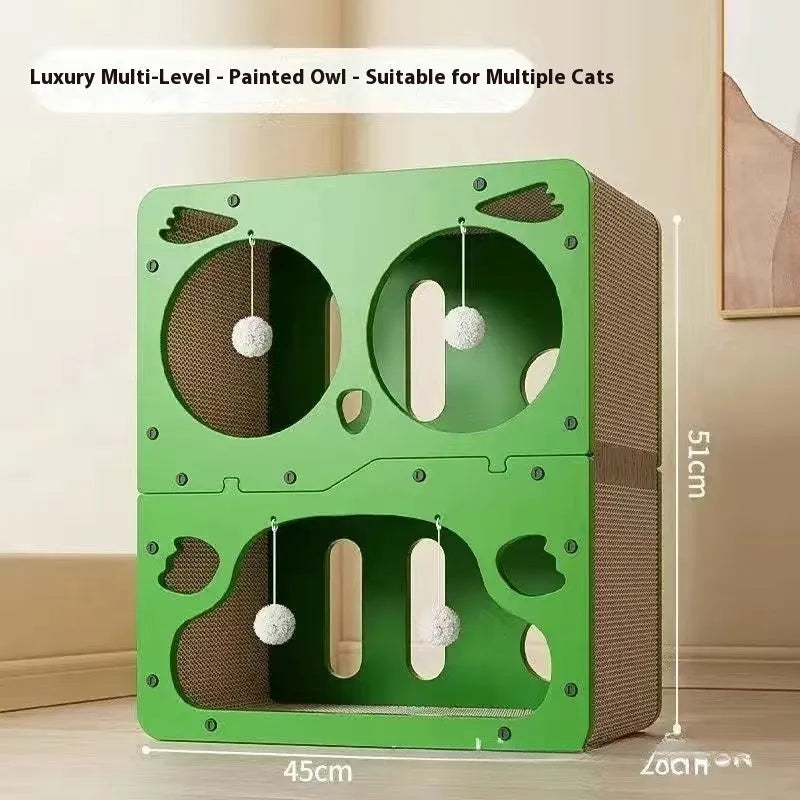 Double layer cat scratching board with integrated cat nest in various styles including owl and cat head designs