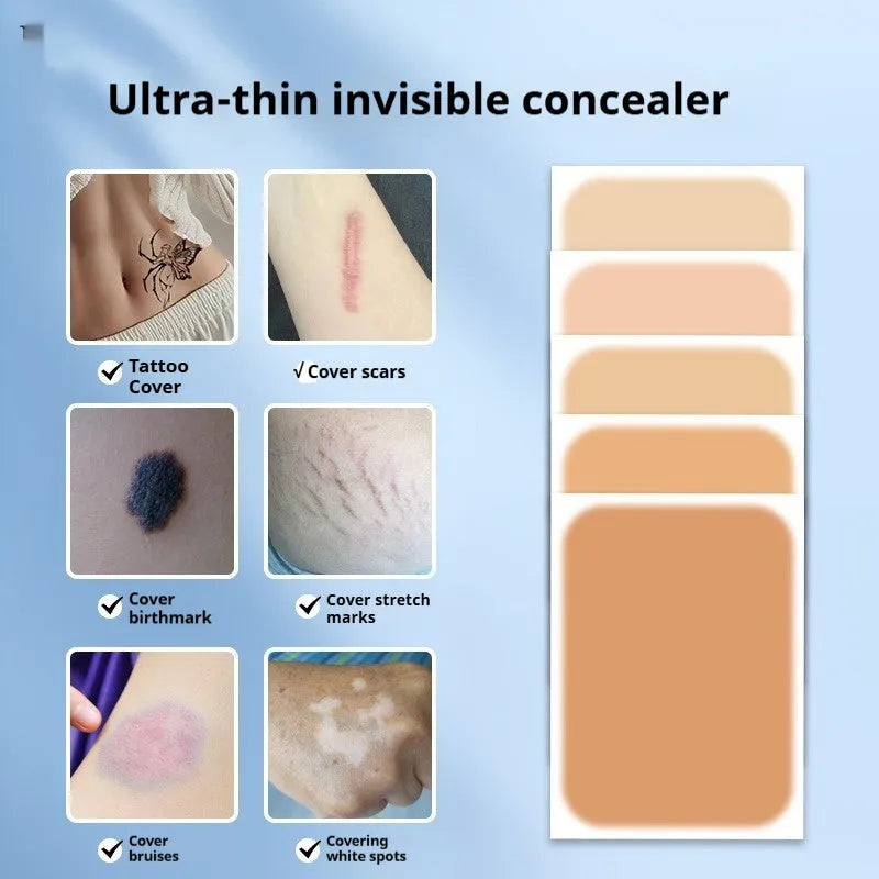 Tattoo cover patch kit with applicator brush for concealing birthmarks and tattoos in skin-coloured shades.