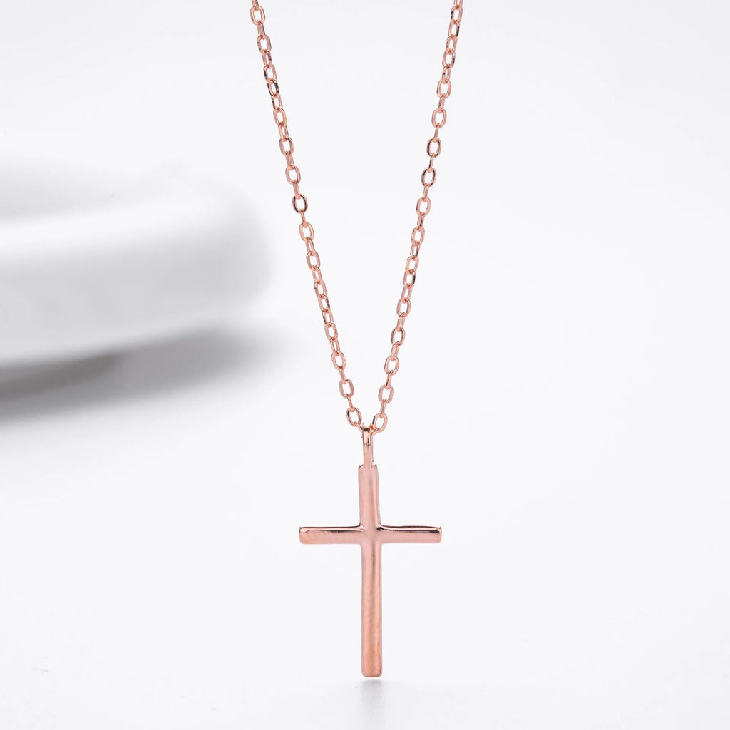 Sterling silver cross necklace with O-chain in gold, platinum or rose gold plating options