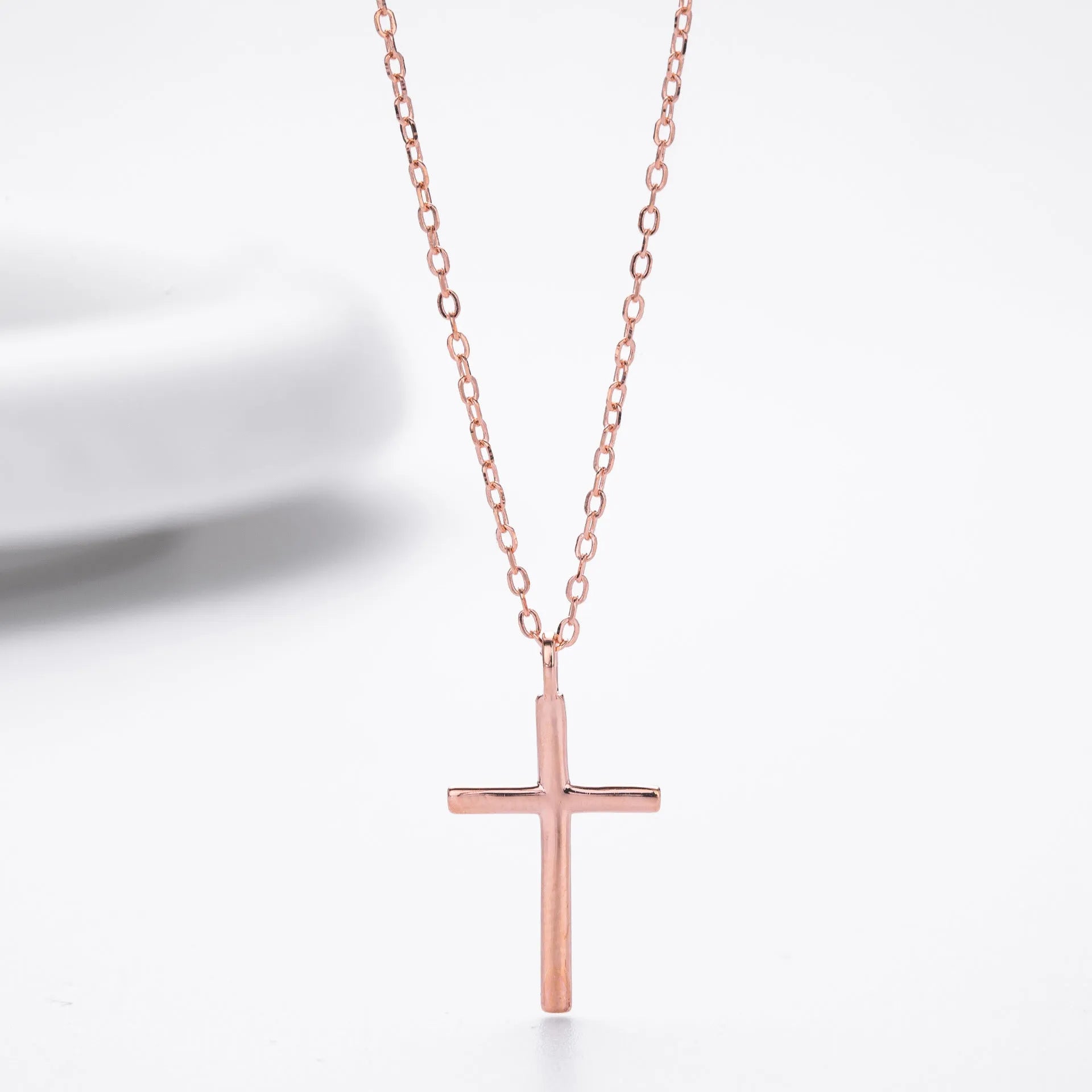 Sterling silver cross necklace with O-chain in gold, platinum or rose gold plating options