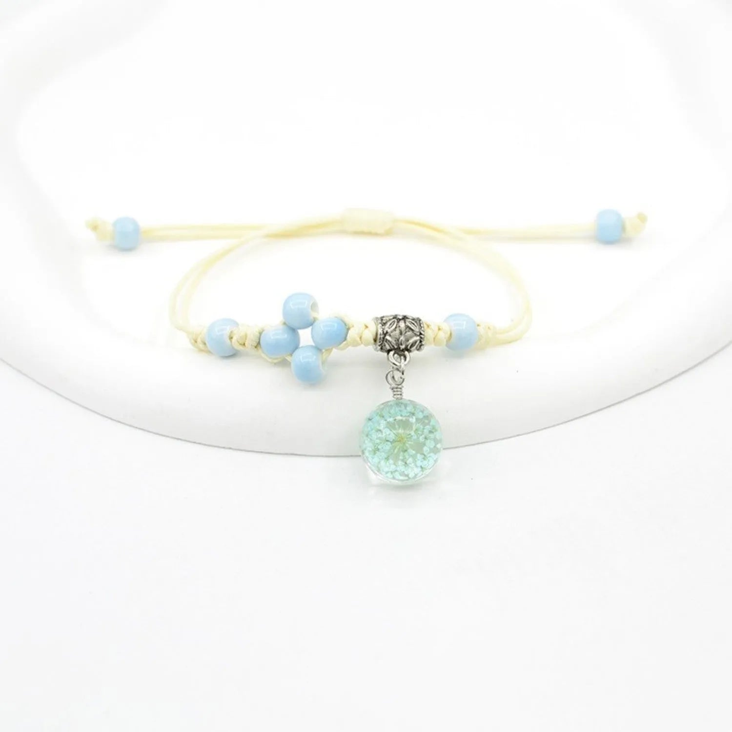 Glass dried flower bracelet with hand-woven lace and 1.4cm beads in multiple colour options