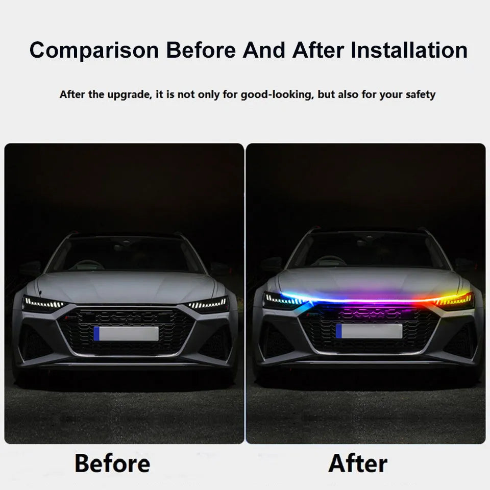 GM car LED grille lighting strip kit in choice of lengths and colours including white, red, blue, and colourful streamers.