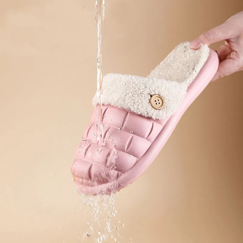Plaid patterned detachable EVA slippers for women with plush lining and anti-skid sole.