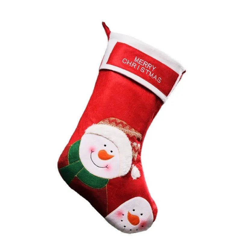 Christmas candy bag non-woven fabric decoration with elk, elderly man, or snowman design for holding stockings.