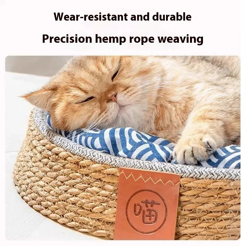 Rattan woven cat nest pet bed available in four sizes S, M, L, and XL