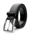 Men's brown leather belt with textured grain and metal buckle on a table.