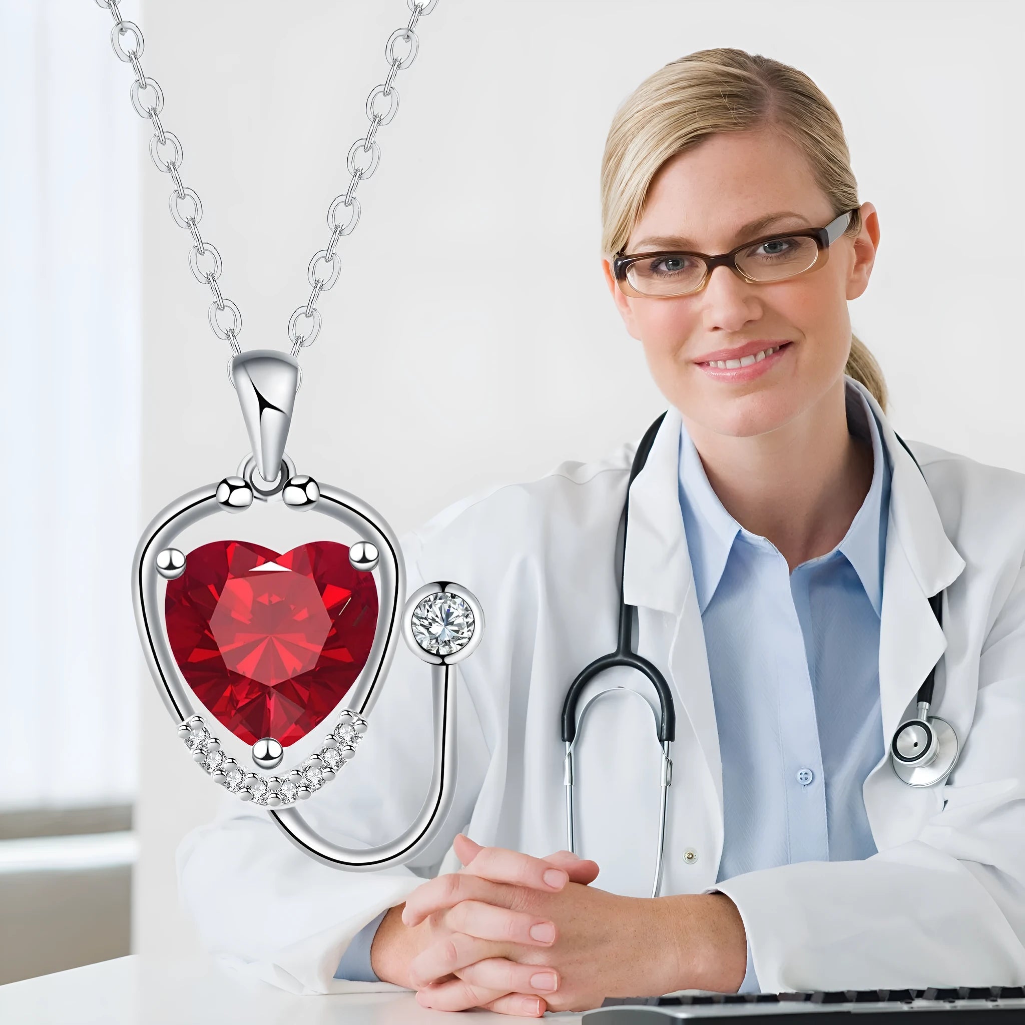 Red diamond copper necklace with stethoscope-shaped pendant featuring wings and cross detailing
