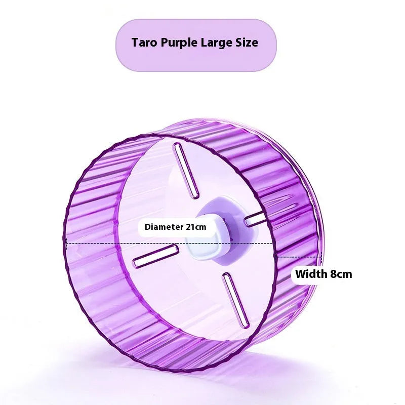 Plastic bird running wheel toy in green, orange, grey, purple or transparent colour, showing 21cm and 17cm diameter options