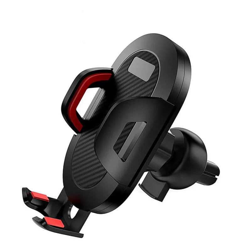 Black and grey auto lock car phone holder mounted on a car air vent, holding a mobile phone.